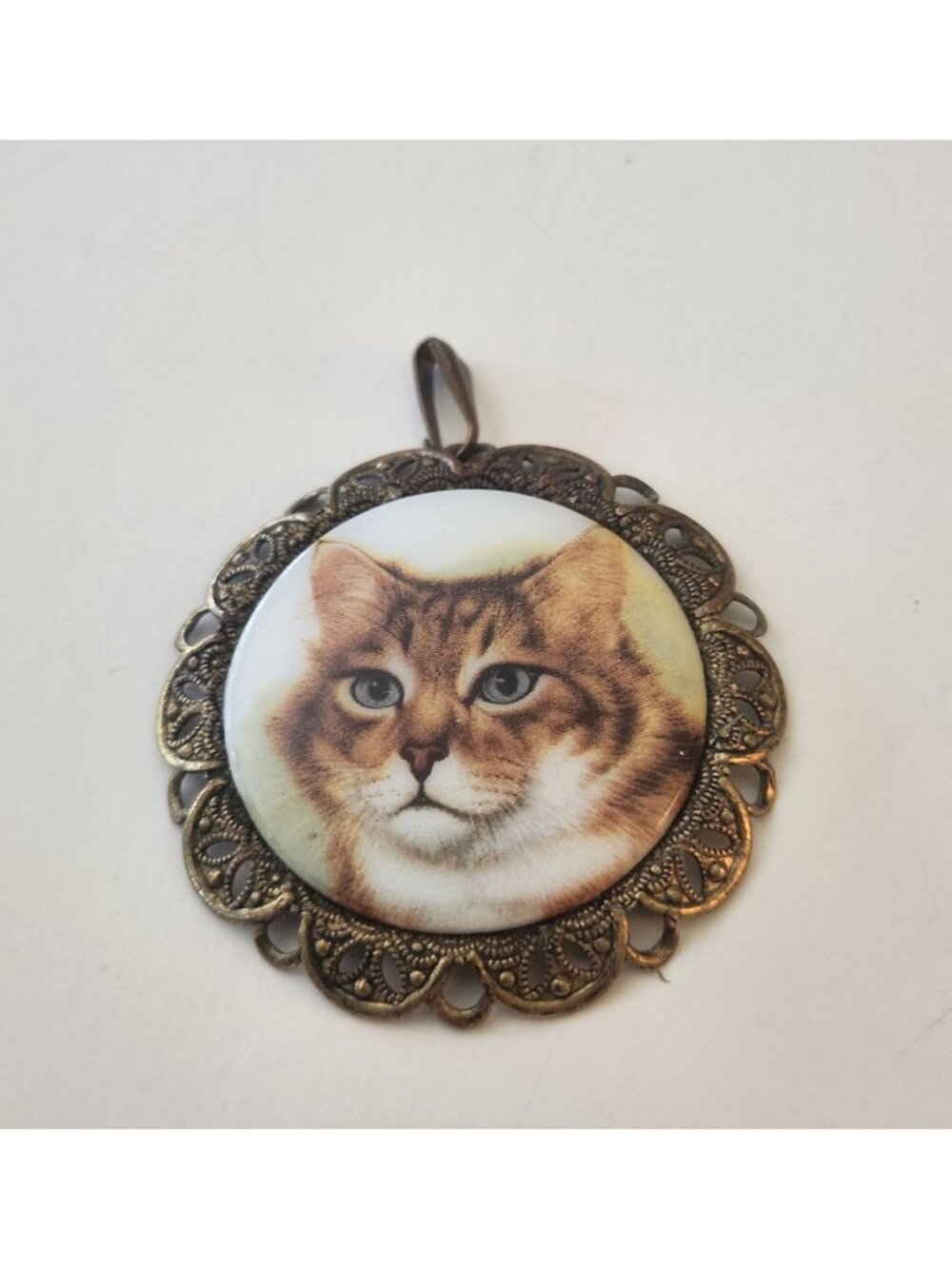 pendant  Tabby Cat on Porcelain Ceramic w Filigree Brass Tone Frame Vintage